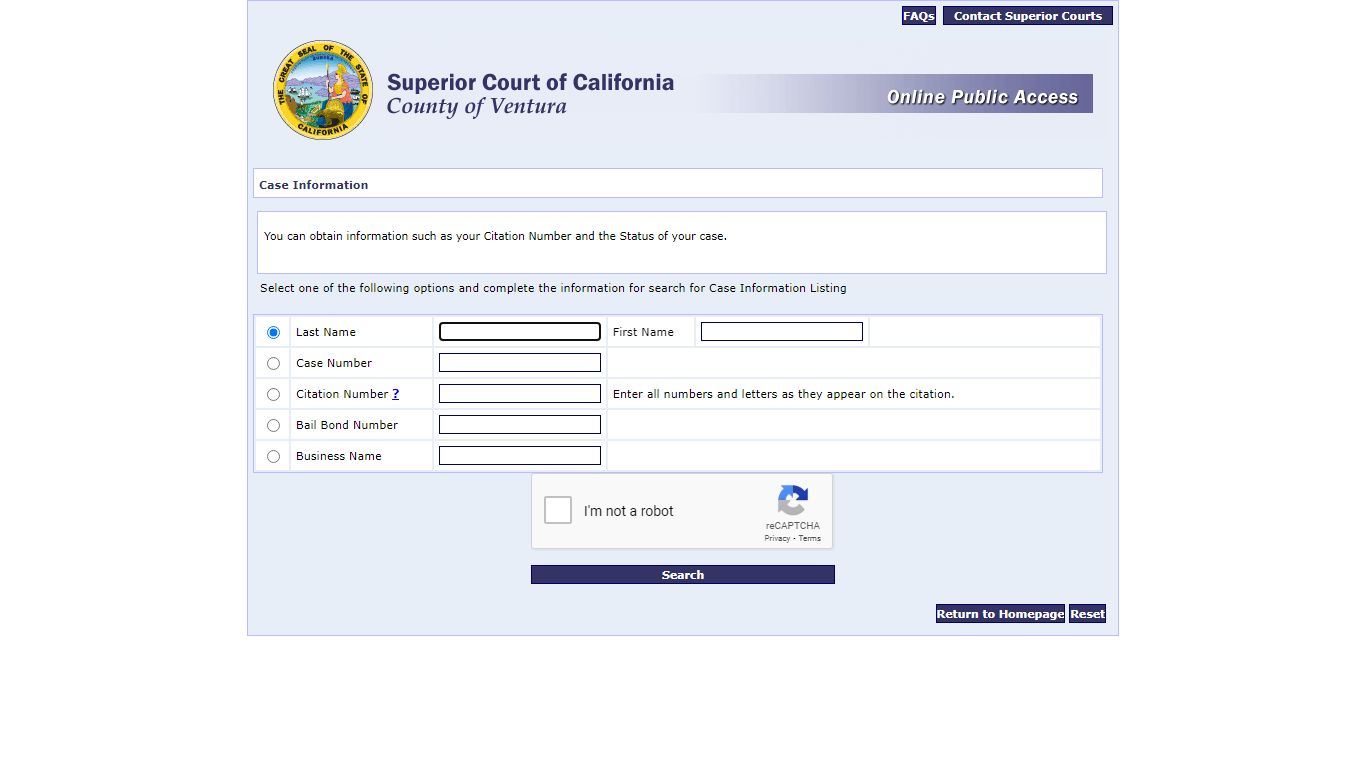 Case Information Search Page - Ventura County